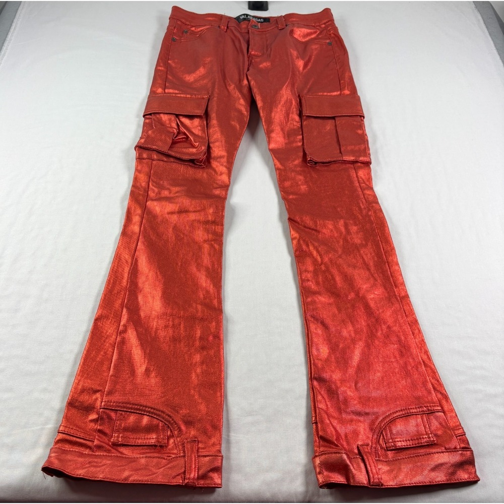 Valabasas Jeans Mens 32x34 Red Cozart Wax Cargo Flared Slim Button Fly